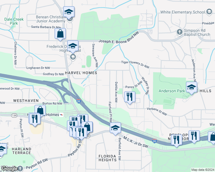map of restaurants, bars, coffee shops, grocery stores, and more near 132 Fairfield Place Northwest in Atlanta