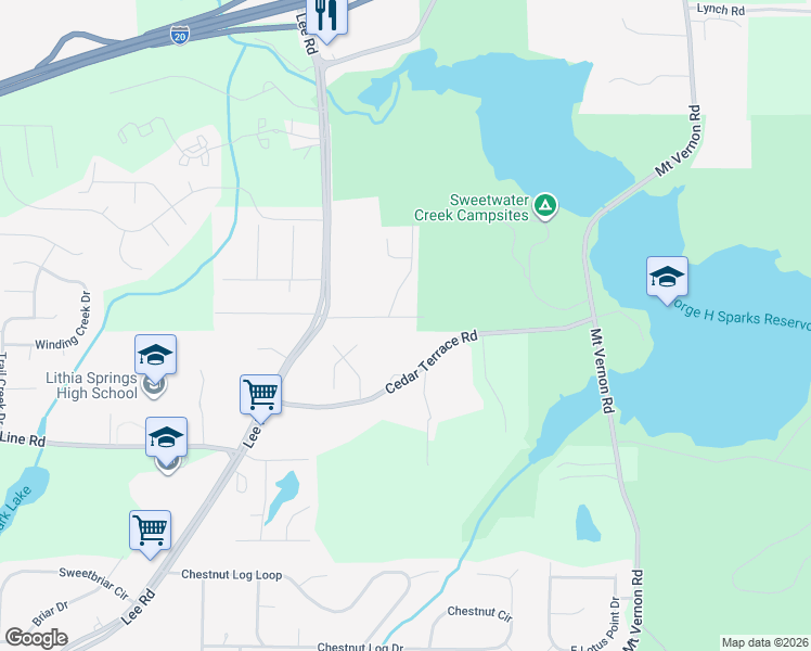 map of restaurants, bars, coffee shops, grocery stores, and more near 2200 Cedar Terrace Road in Lithia Springs