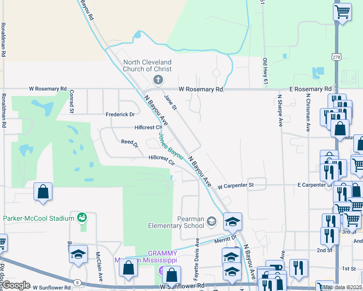 map of restaurants, bars, coffee shops, grocery stores, and more near 628 North Bayou Avenue in Cleveland