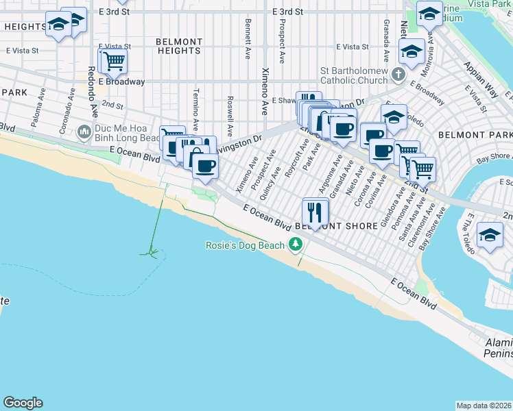 map of restaurants, bars, coffee shops, grocery stores, and more near 5 Quincy Avenue in Long Beach