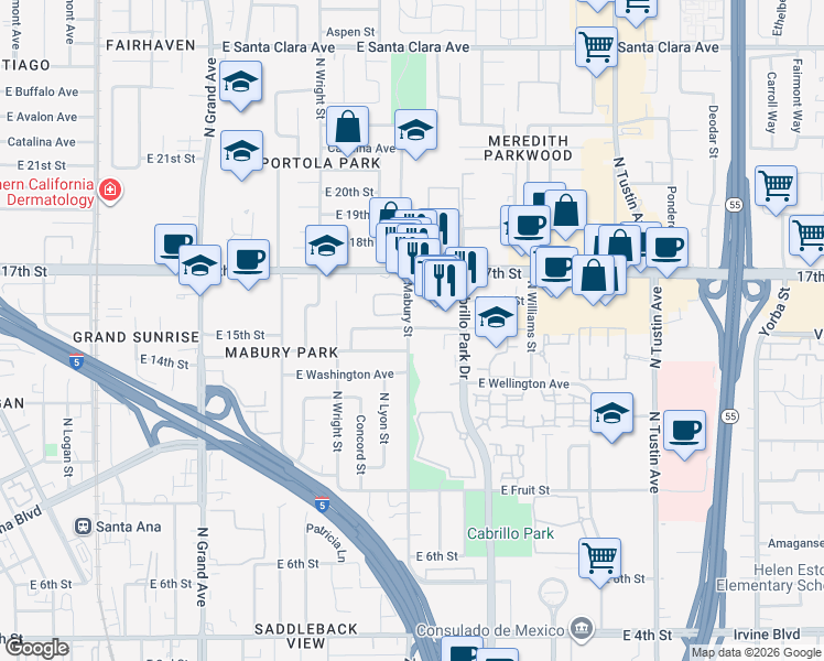 map of restaurants, bars, coffee shops, grocery stores, and more near 1220 Cabrillo Park Drive in Santa Ana