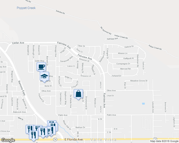 map of restaurants, bars, coffee shops, grocery stores, and more near 25058 Niagra Court in Hemet