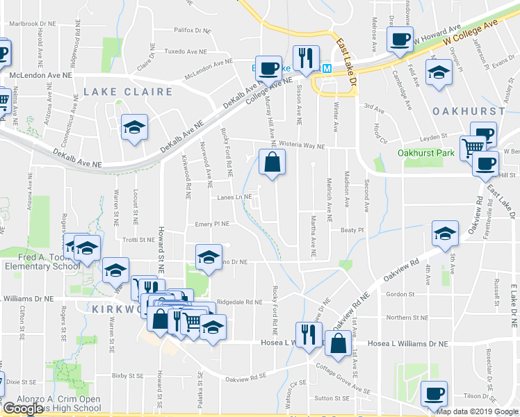 map of restaurants, bars, coffee shops, grocery stores, and more near Elvan Avenue Northeast in Atlanta