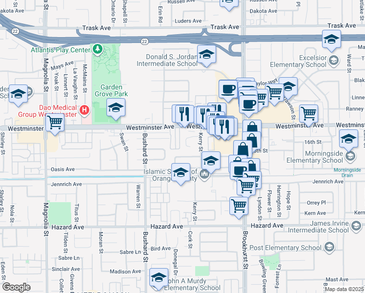 map of restaurants, bars, coffee shops, grocery stores, and more near 9691 Reading Avenue in Garden Grove