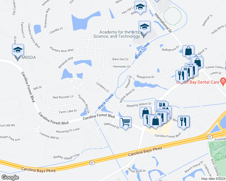 map of restaurants, bars, coffee shops, grocery stores, and more near 2756 Coopers Court in Myrtle Beach