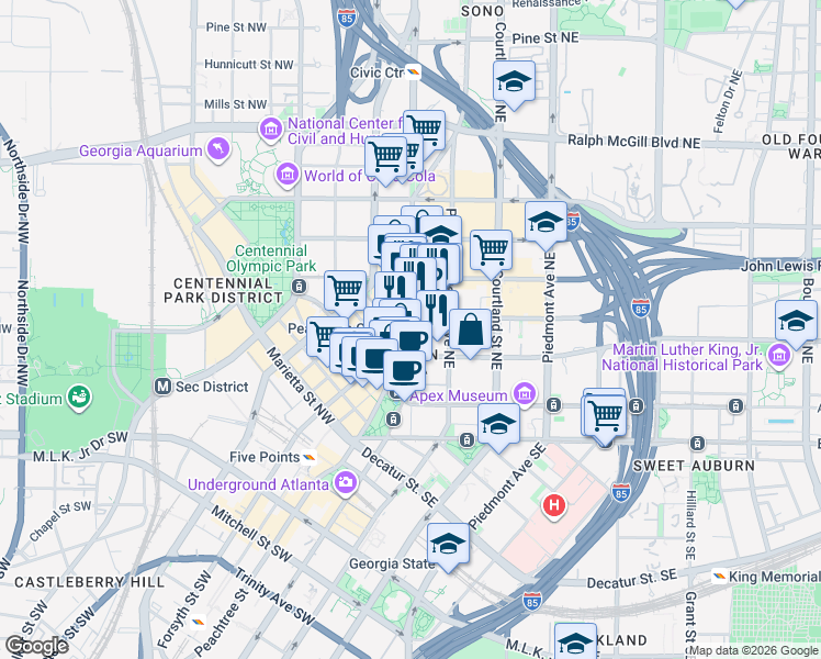 map of restaurants, bars, coffee shops, grocery stores, and more near 156 Peachtree Street in Atlanta