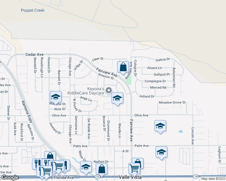 map of restaurants, bars, coffee shops, grocery stores, and more near 25058 Niagra Court in Hemet