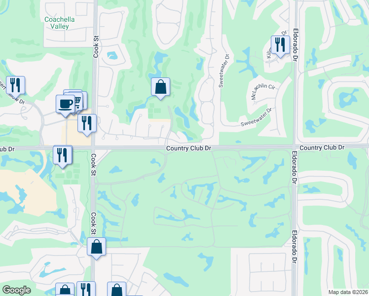 map of restaurants, bars, coffee shops, grocery stores, and more near Country Club Drive in Riverside County