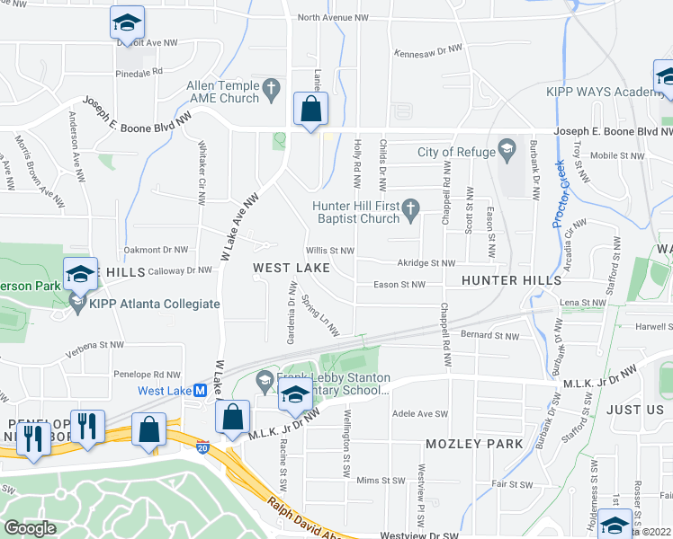 map of restaurants, bars, coffee shops, grocery stores, and more near Victor Circle Northwest in Atlanta