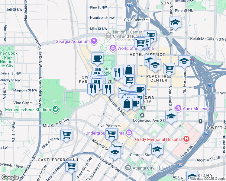 map of restaurants, bars, coffee shops, grocery stores, and more near 140 Walton Street Northwest in Atlanta