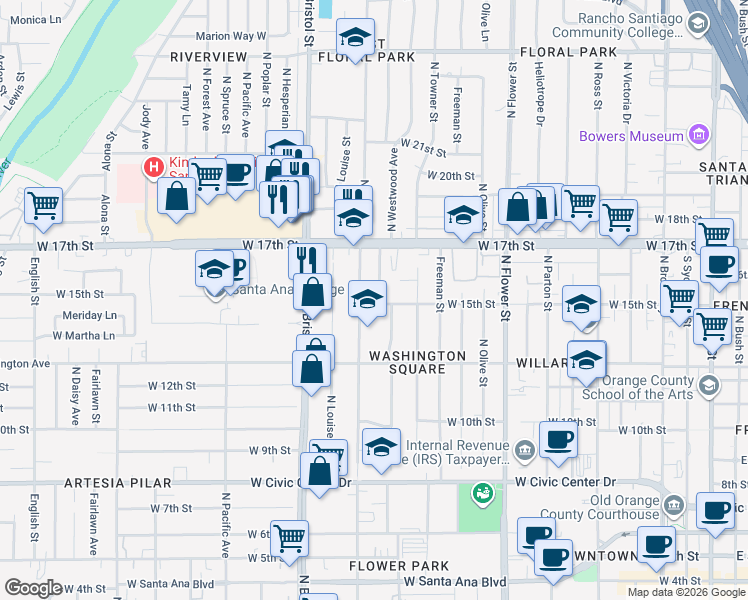 map of restaurants, bars, coffee shops, grocery stores, and more near 1317 North Baker Street in Santa Ana
