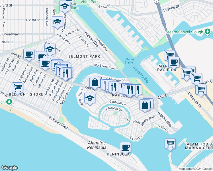 map of restaurants, bars, coffee shops, grocery stores, and more near 230 Campo Drive in Long Beach