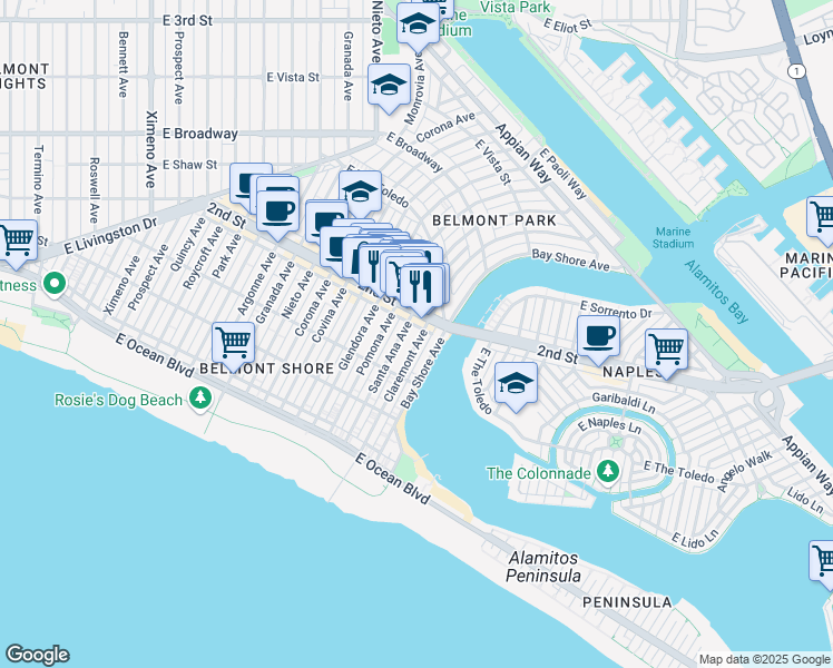map of restaurants, bars, coffee shops, grocery stores, and more near 181 Claremont Avenue in Long Beach