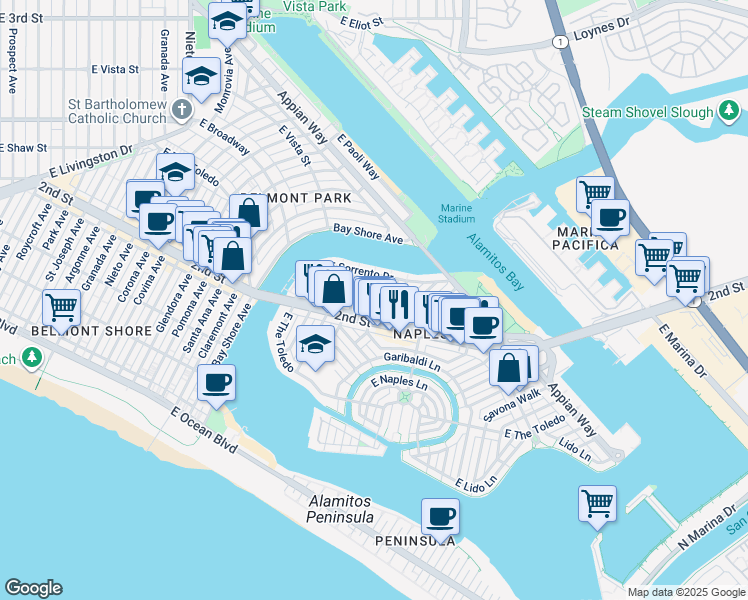 map of restaurants, bars, coffee shops, grocery stores, and more near 230 Campo Drive in Long Beach