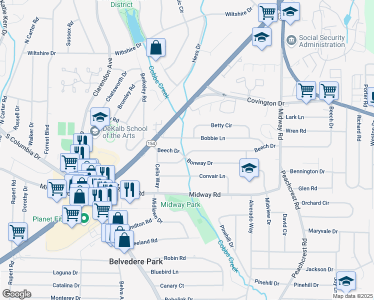 map of restaurants, bars, coffee shops, grocery stores, and more near 3178 Beech Drive in Decatur