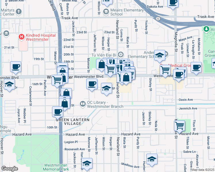 map of restaurants, bars, coffee shops, grocery stores, and more near 8401 15th Street in Westminster