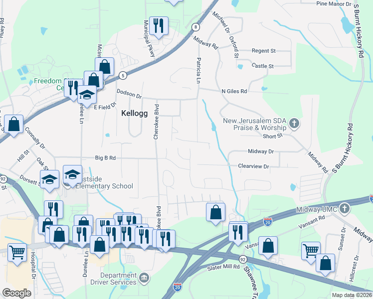 map of restaurants, bars, coffee shops, grocery stores, and more near 5412 Somer Mill Road in Douglasville