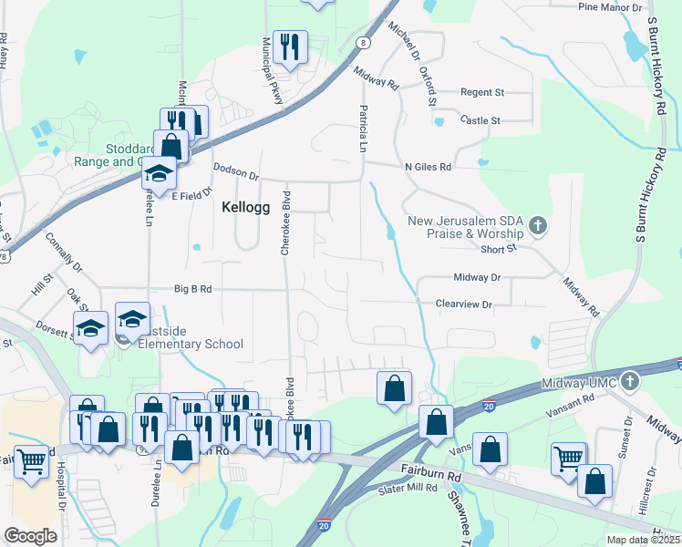 map of restaurants, bars, coffee shops, grocery stores, and more near 5405 Somer Mill Road in Douglasville