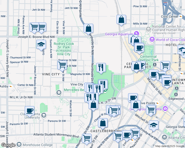 map of restaurants, bars, coffee shops, grocery stores, and more near Magnolia St NW & Northside Dr NW in Atlanta