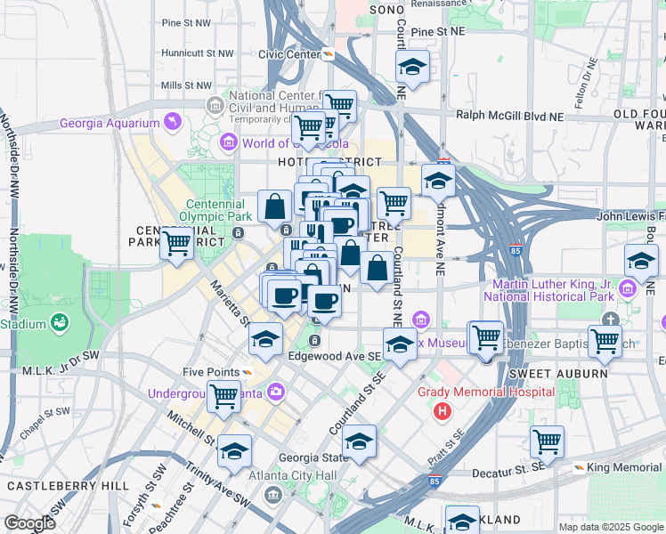 map of restaurants, bars, coffee shops, grocery stores, and more near 157 Peachtree Street Northeast in Atlanta