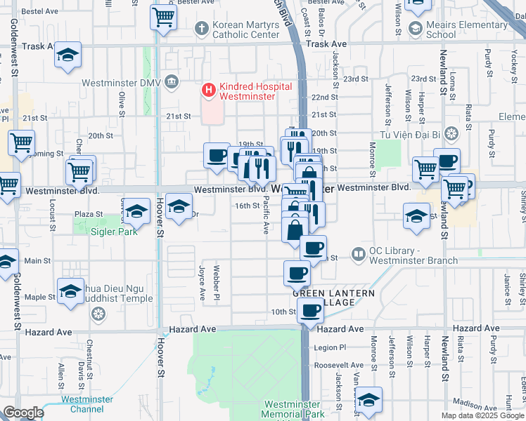 map of restaurants, bars, coffee shops, grocery stores, and more near 7852 16th Street in Westminster