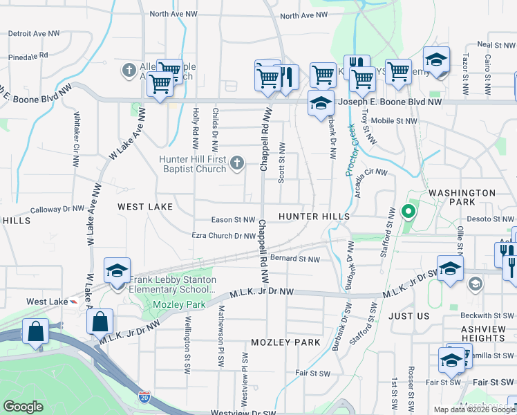 map of restaurants, bars, coffee shops, grocery stores, and more near 99 Chappell Road Northwest in Atlanta