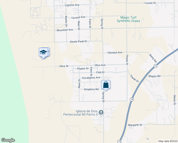 map of restaurants, bars, coffee shops, grocery stores, and more near 21594 Club Drive in Perris