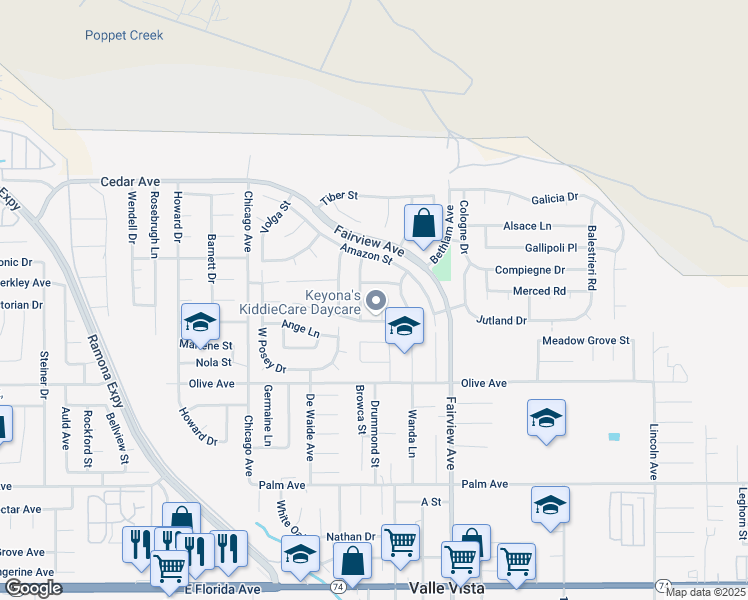 map of restaurants, bars, coffee shops, grocery stores, and more near 25083 Niagra Court in Hemet