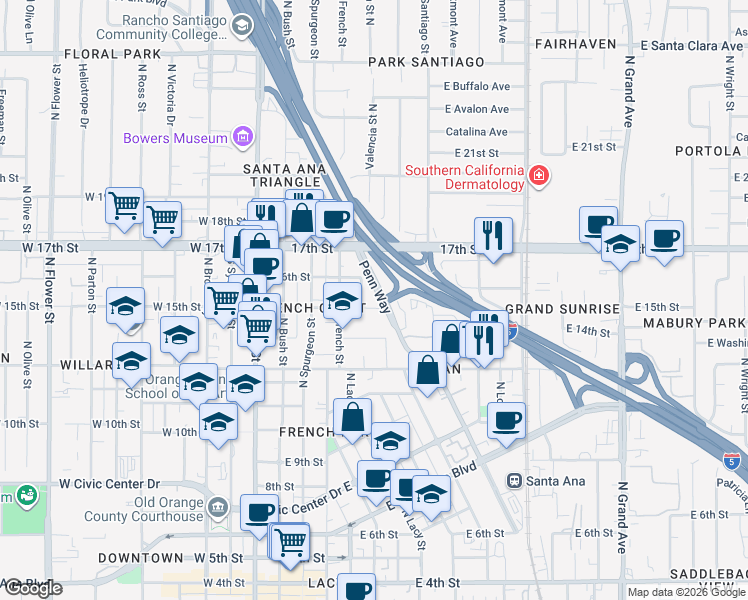 map of restaurants, bars, coffee shops, grocery stores, and more near 500 East 15th Street in Santa Ana