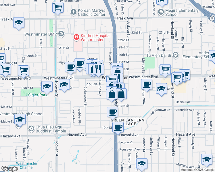 map of restaurants, bars, coffee shops, grocery stores, and more near 7912 16th Street in Westminster