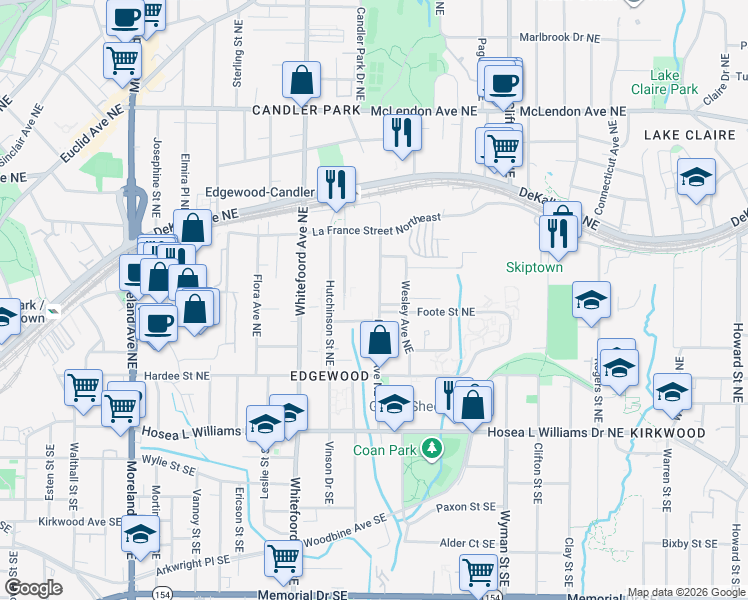 map of restaurants, bars, coffee shops, grocery stores, and more near 164 Mayson Avenue Northeast in Atlanta