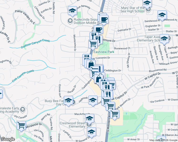 map of restaurants, bars, coffee shops, grocery stores, and more near in Rancho Palos Verdes