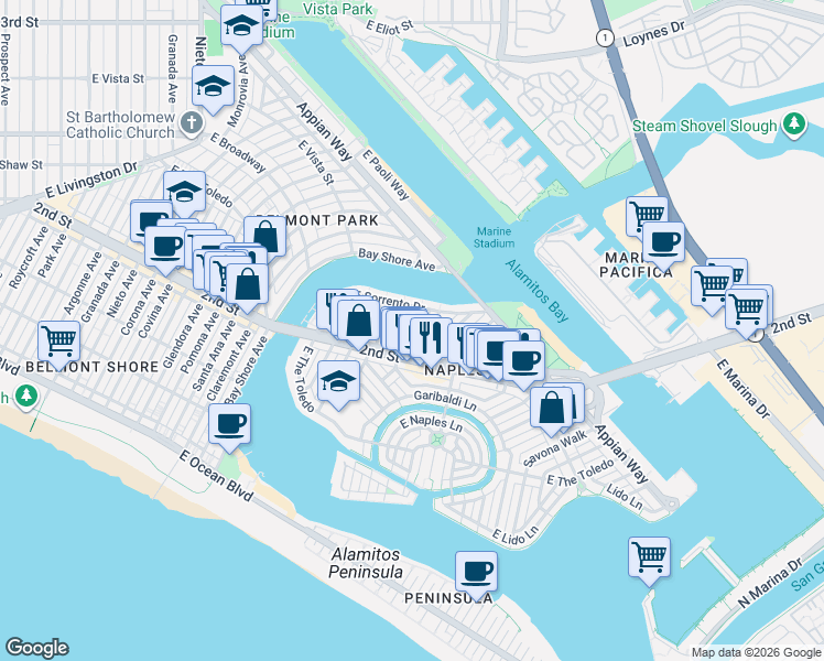 map of restaurants, bars, coffee shops, grocery stores, and more near 237 San Remo Drive in Long Beach