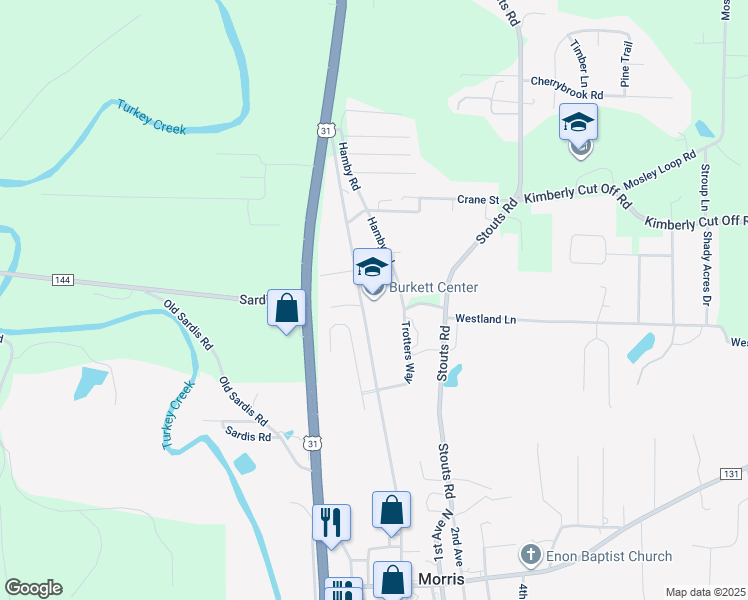 map of restaurants, bars, coffee shops, grocery stores, and more near 8601 Old Highway 31 in Morris