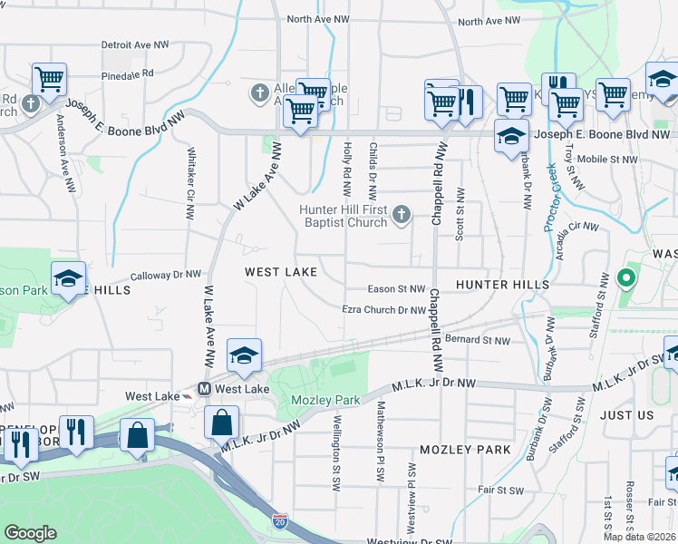 map of restaurants, bars, coffee shops, grocery stores, and more near 86 Holly Road Northwest in Atlanta