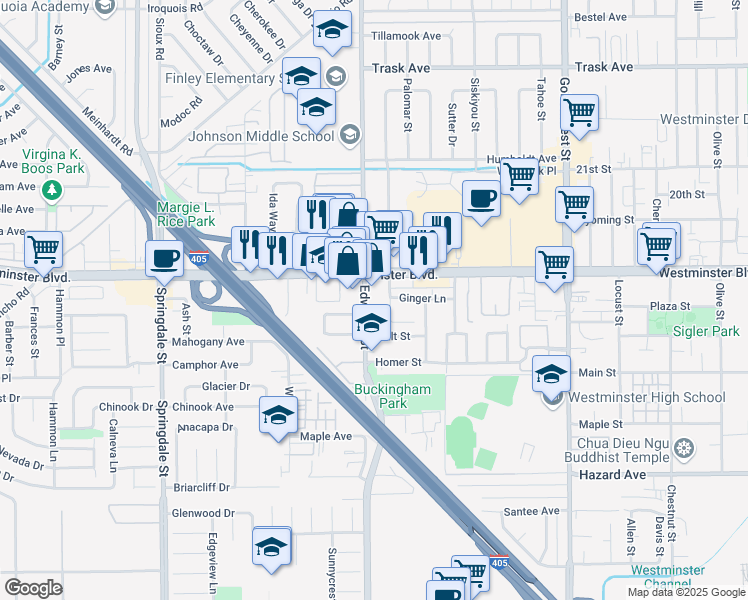 map of restaurants, bars, coffee shops, grocery stores, and more near 14082 Edwards Street in Westminster