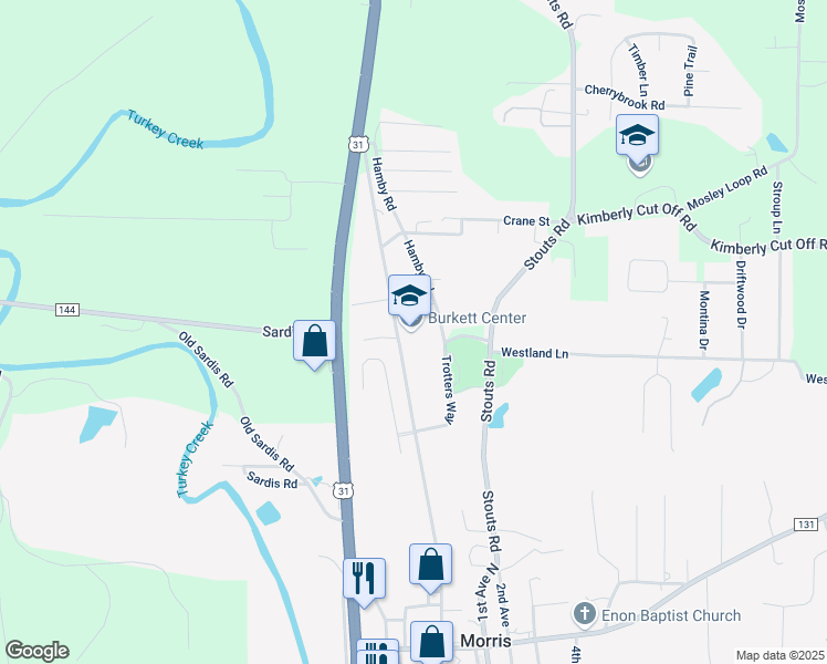 map of restaurants, bars, coffee shops, grocery stores, and more near 8601 Old Highway 31 in Morris