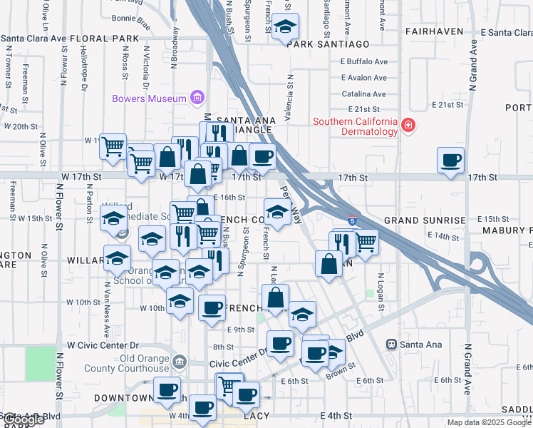 map of restaurants, bars, coffee shops, grocery stores, and more near 1424 French Street in Santa Ana