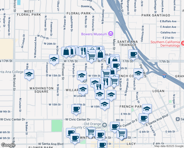 map of restaurants, bars, coffee shops, grocery stores, and more near 1418 North Durant Street in Santa Ana
