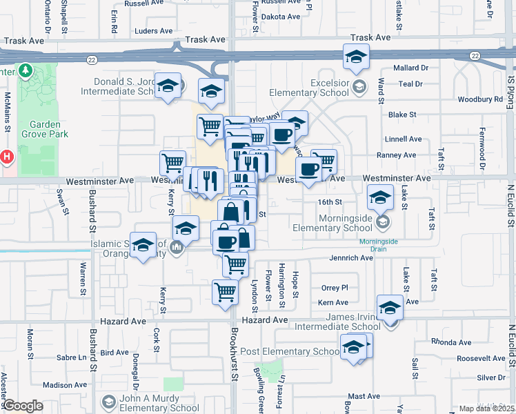 map of restaurants, bars, coffee shops, grocery stores, and more near 10061 15th Street in Garden Grove