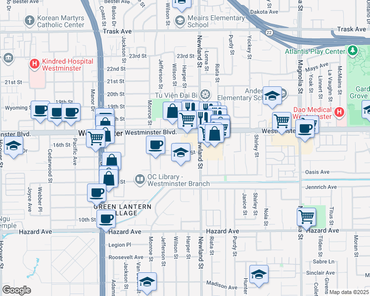 map of restaurants, bars, coffee shops, grocery stores, and more near 8401 15th Street in Westminster