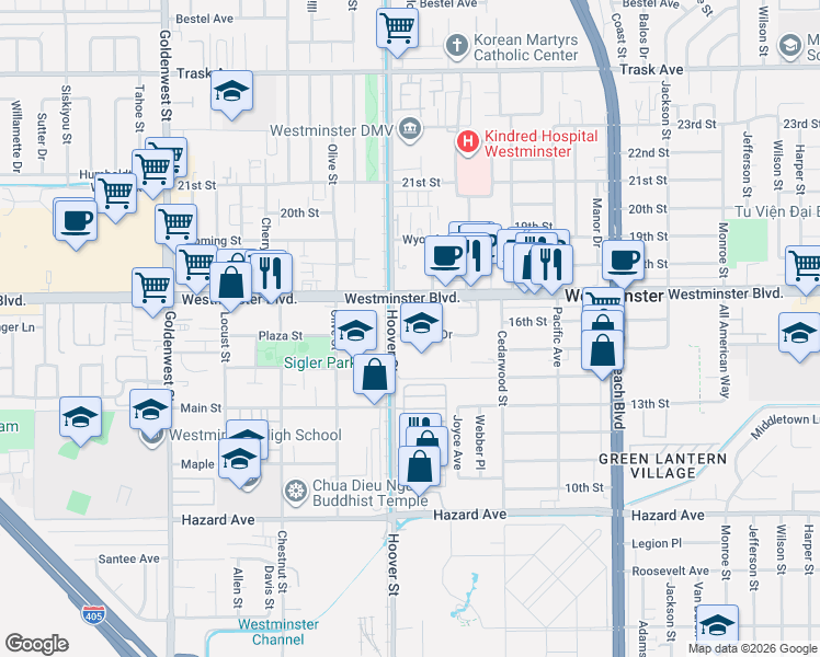 map of restaurants, bars, coffee shops, grocery stores, and more near 14142 Hoover Street in Westminster