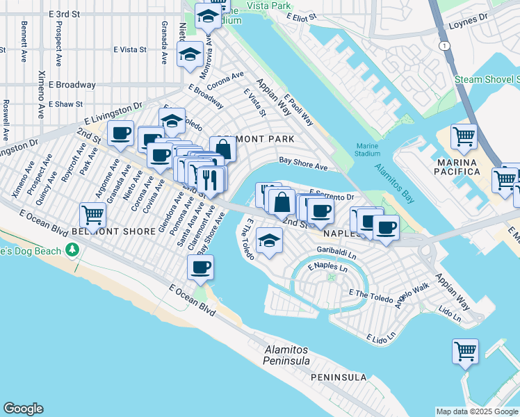 map of restaurants, bars, coffee shops, grocery stores, and more near 5441 East 2nd Street in Long Beach