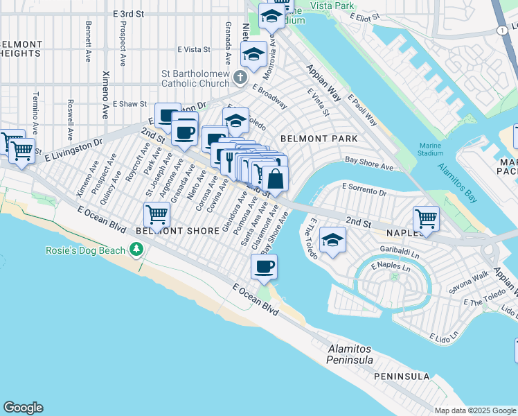 map of restaurants, bars, coffee shops, grocery stores, and more near 151 Santa Ana Avenue in Long Beach