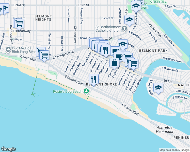 map of restaurants, bars, coffee shops, grocery stores, and more near 60 Argonne Avenue in Long Beach