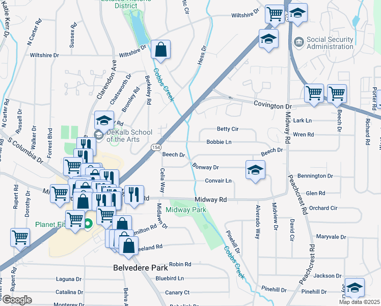 map of restaurants, bars, coffee shops, grocery stores, and more near 3178 Beech Drive in Decatur