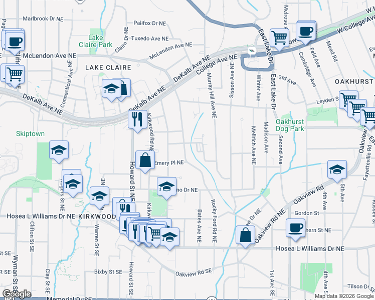 map of restaurants, bars, coffee shops, grocery stores, and more near 199 Rocky Ford Rd NE in Atlanta