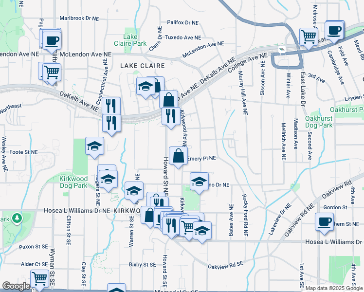 map of restaurants, bars, coffee shops, grocery stores, and more near 181 Howard Street Northeast in Atlanta
