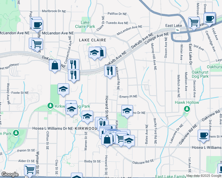 map of restaurants, bars, coffee shops, grocery stores, and more near 181 Howard Street Northeast in Atlanta