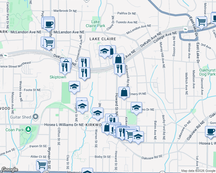 map of restaurants, bars, coffee shops, grocery stores, and more near 180 Howard Street Northeast in Atlanta